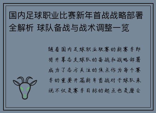 国内足球职业比赛新年首战战略部署全解析 球队备战与战术调整一览