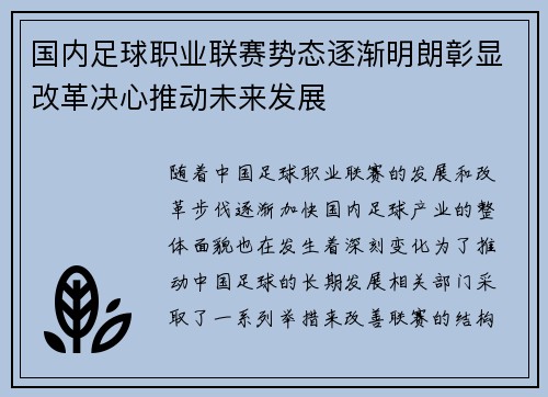 国内足球职业联赛势态逐渐明朗彰显改革决心推动未来发展