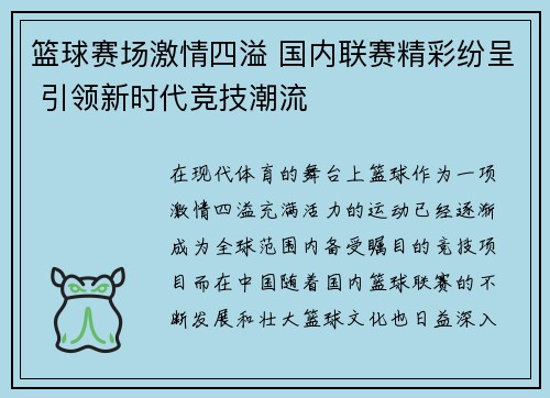 篮球赛场激情四溢 国内联赛精彩纷呈 引领新时代竞技潮流