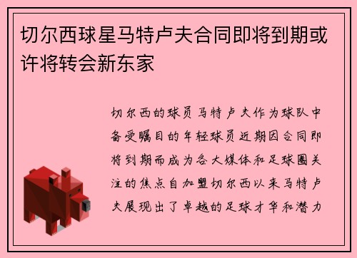 切尔西球星马特卢夫合同即将到期或许将转会新东家